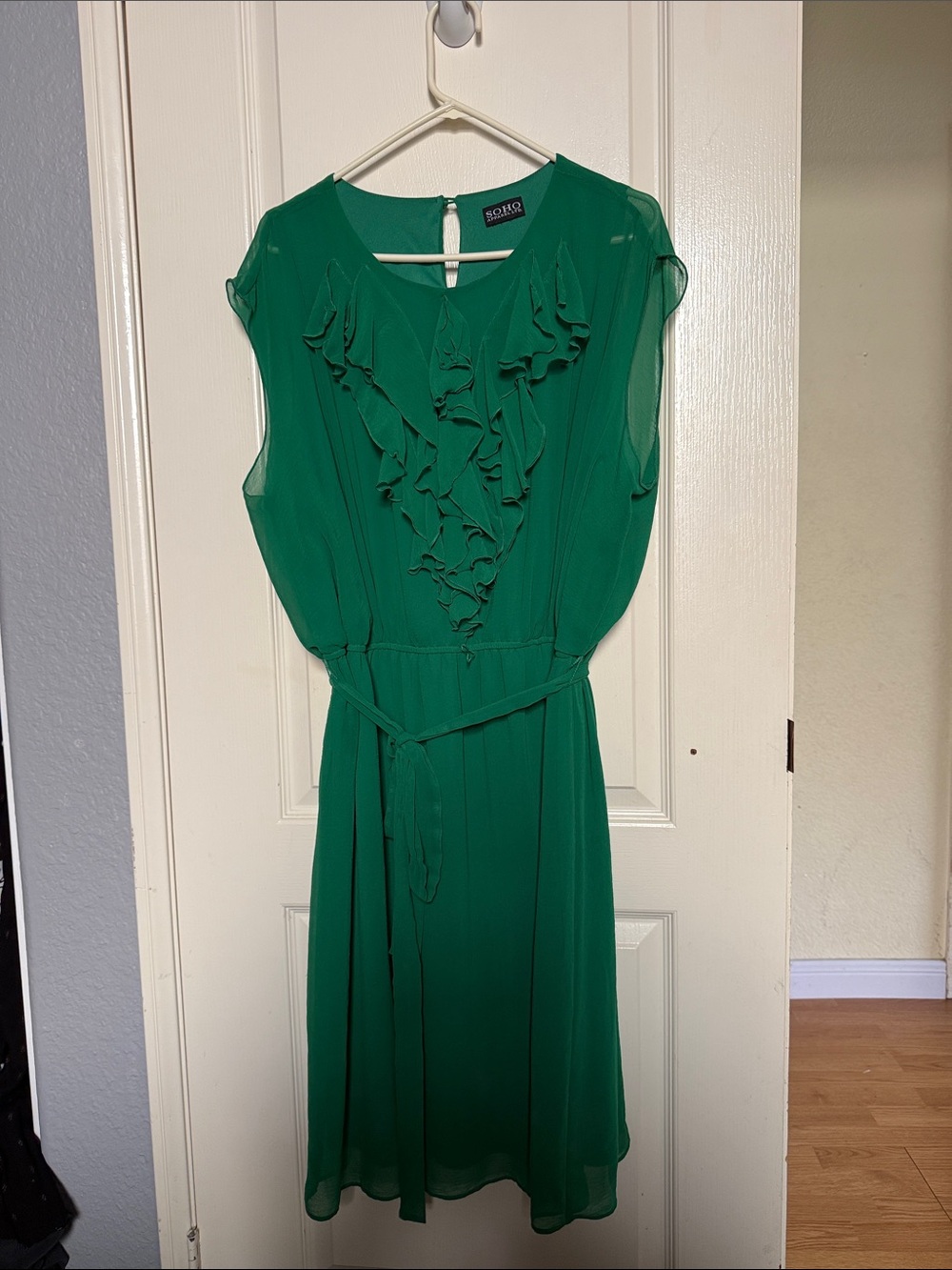 Soho Emerald Green Ruffle Midi Dress with Waist Tie